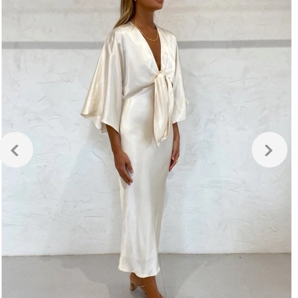 Shona Joy La Lune Tie Front Bias Satin Cut Out Midi Dress in Cream Size 4